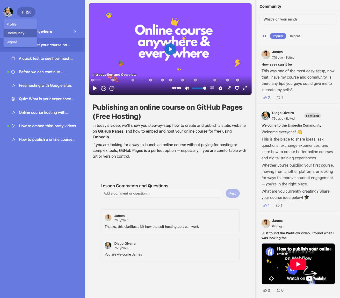 A course lesson and its community conversations displayed together