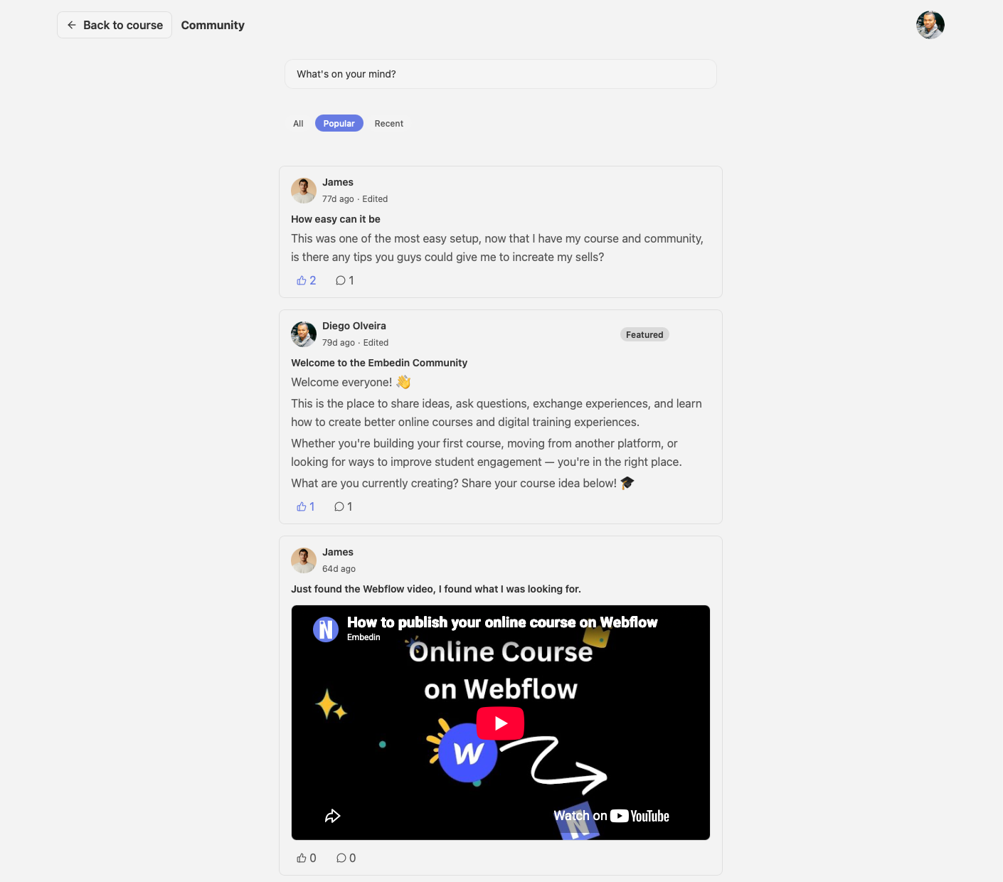 The standalone Embedin community view with learner posts and discussion